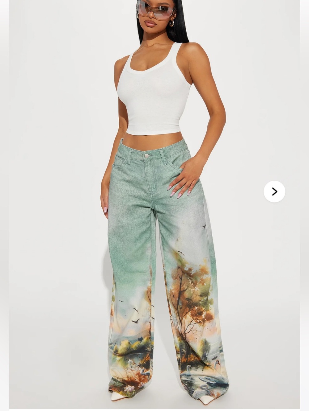 Wide-Leg Scenic Print Jeans in Sage Green Sz 9